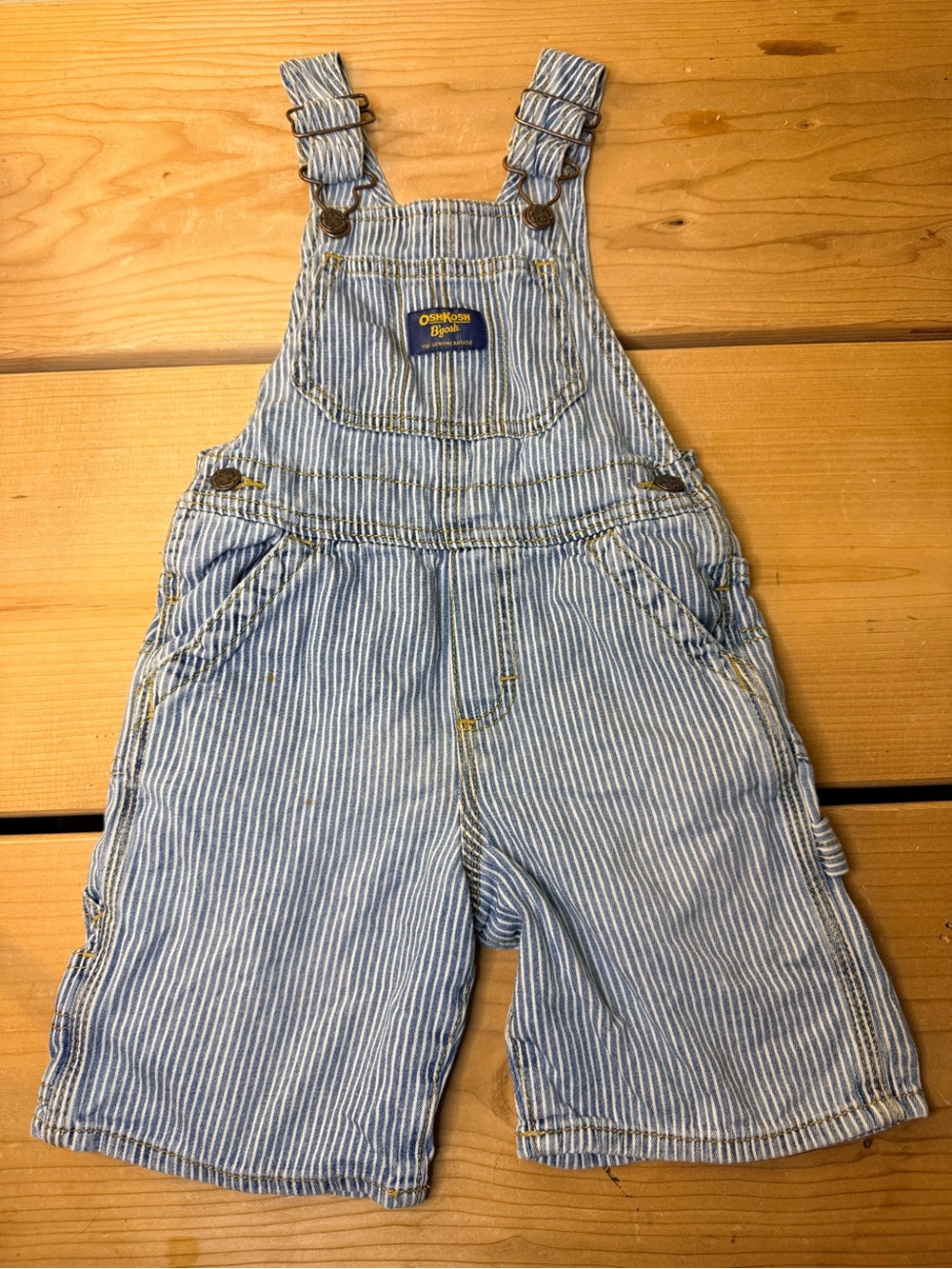 OshKosh B’gosh Railroad Stripe Shortalls Overalls Blue White 3T Toddler, worn